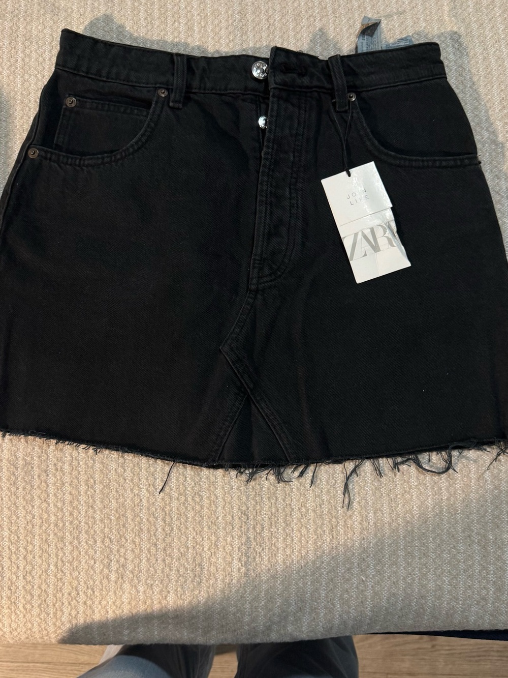 Zara Black Raw-Hem Denim Mini Skirt